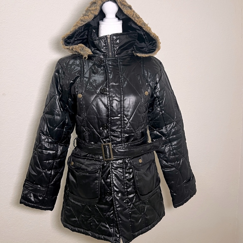 Medium Shiny Black Japanese Brand N.O.T Quilted Jacket with Hood and Belt. Women